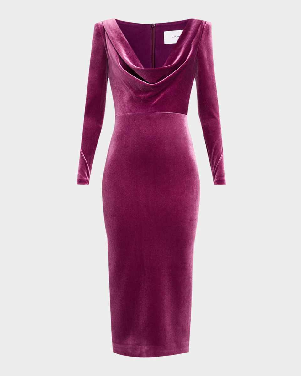 Plunging Draped Long-Sleeve Velvet Midi Dress